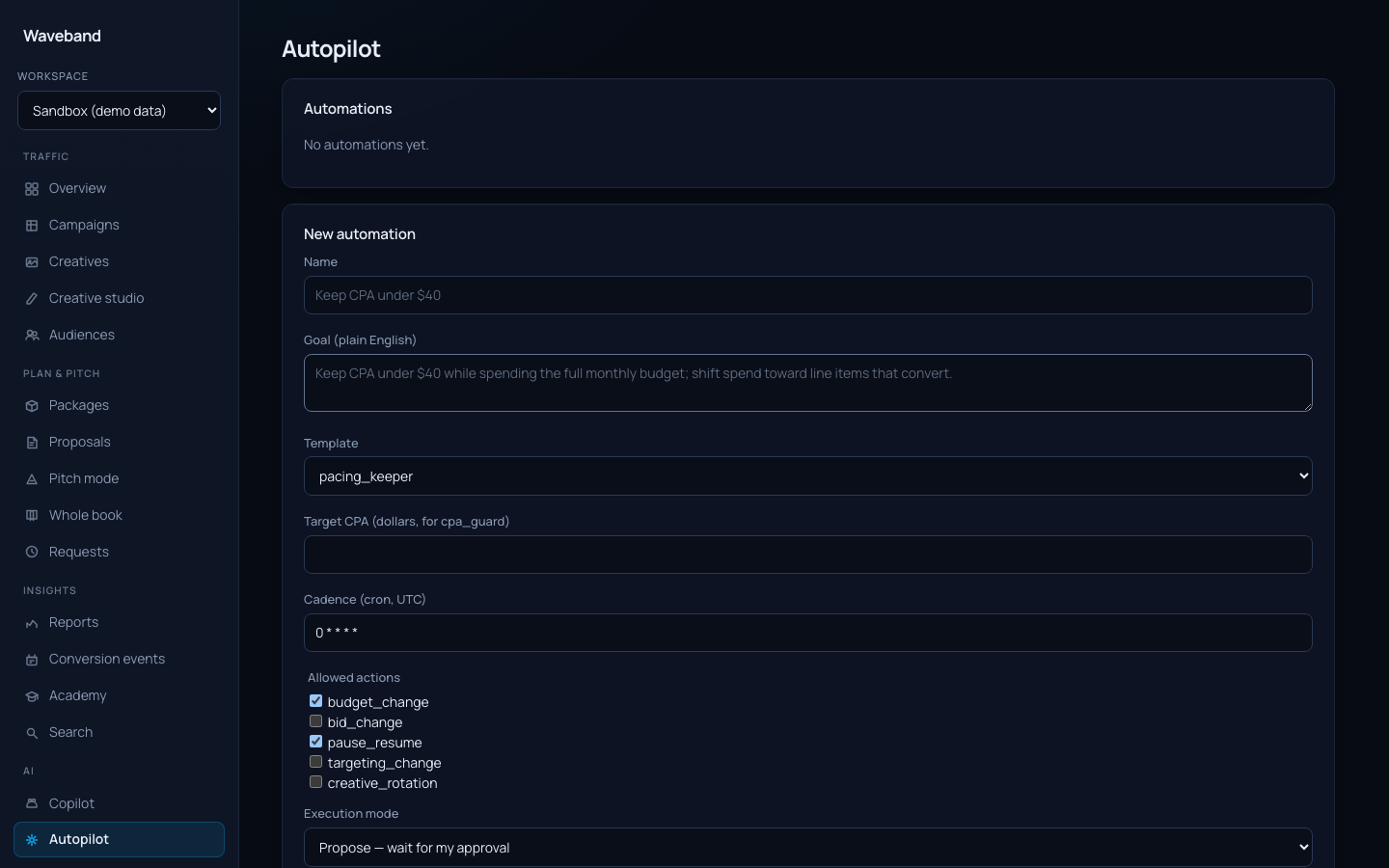 Autopilot page with automations, approvals inbox, and decision log