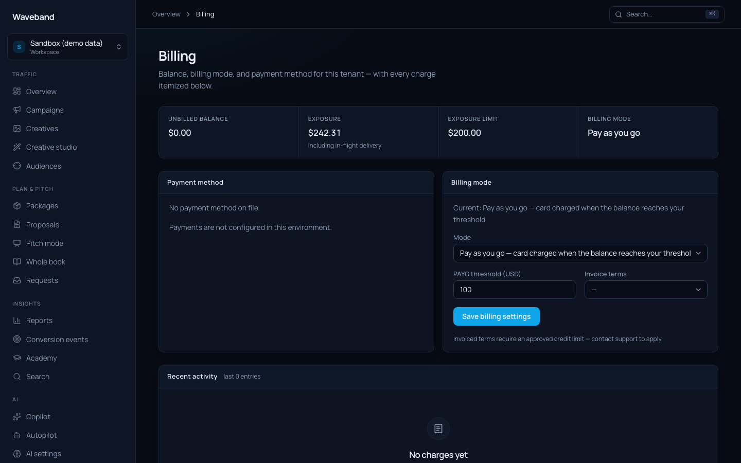 Billing page with balance and invoices