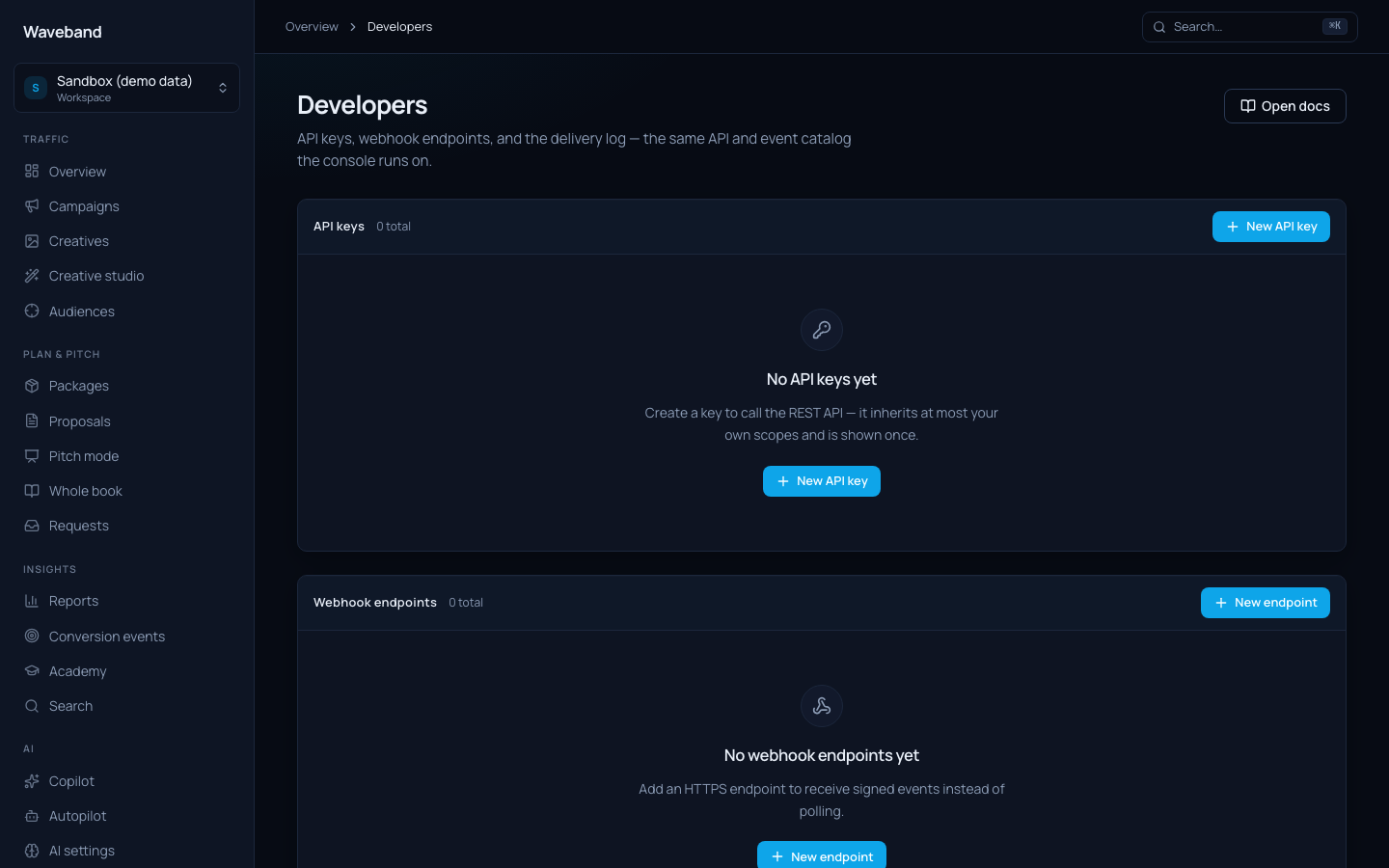 Developer settings with API keys and webhooks