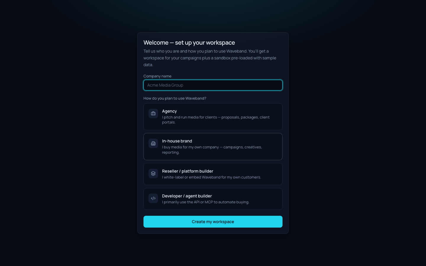 Onboarding screen asking for a company or agency name